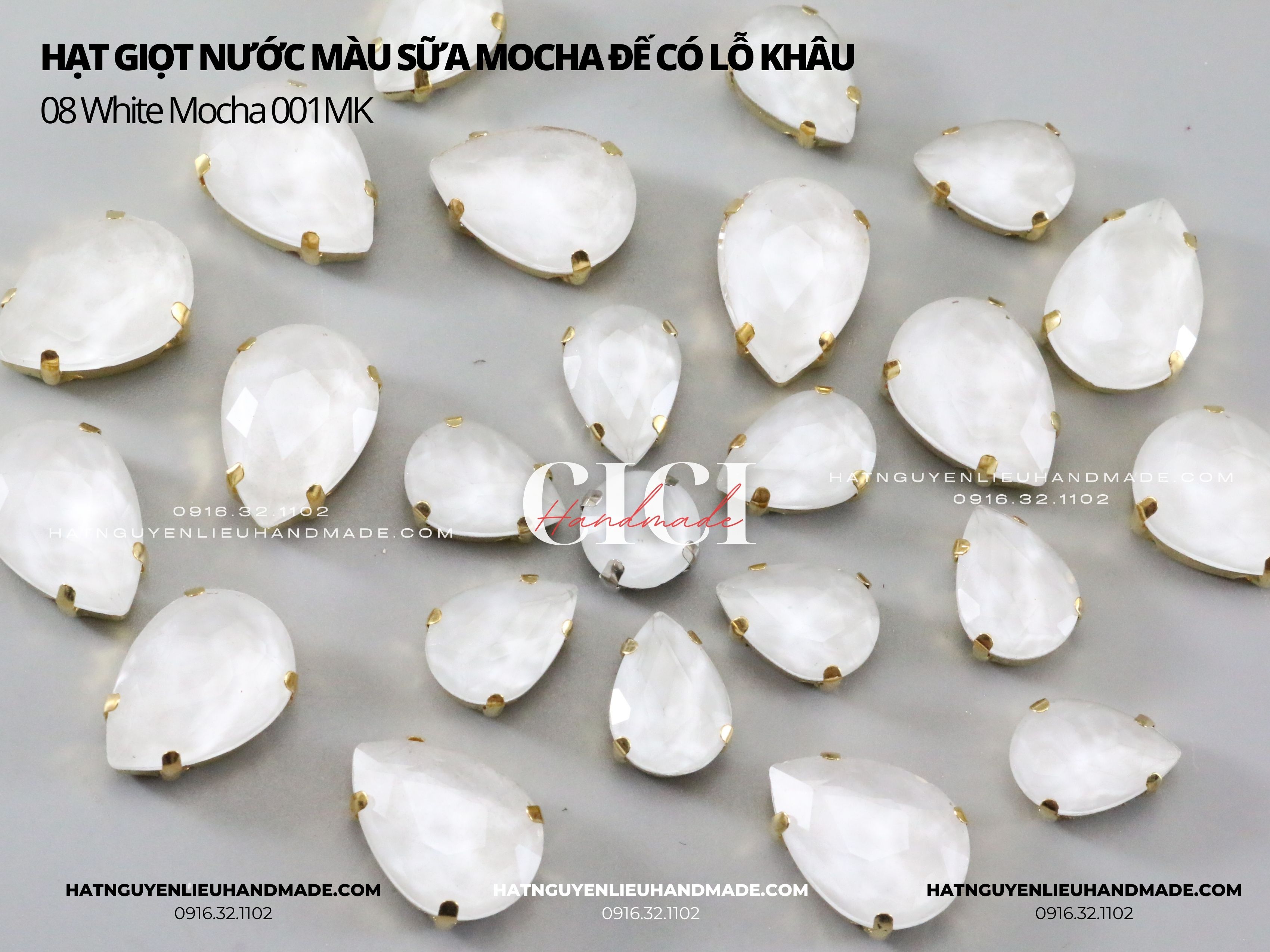 Set 10 hạt Đá giọt nước màu sữa Mocha đế VÀNG có lỗ khâu có lỗ khâu Cici Handmade nguyên liệu DIY hạt đính kết