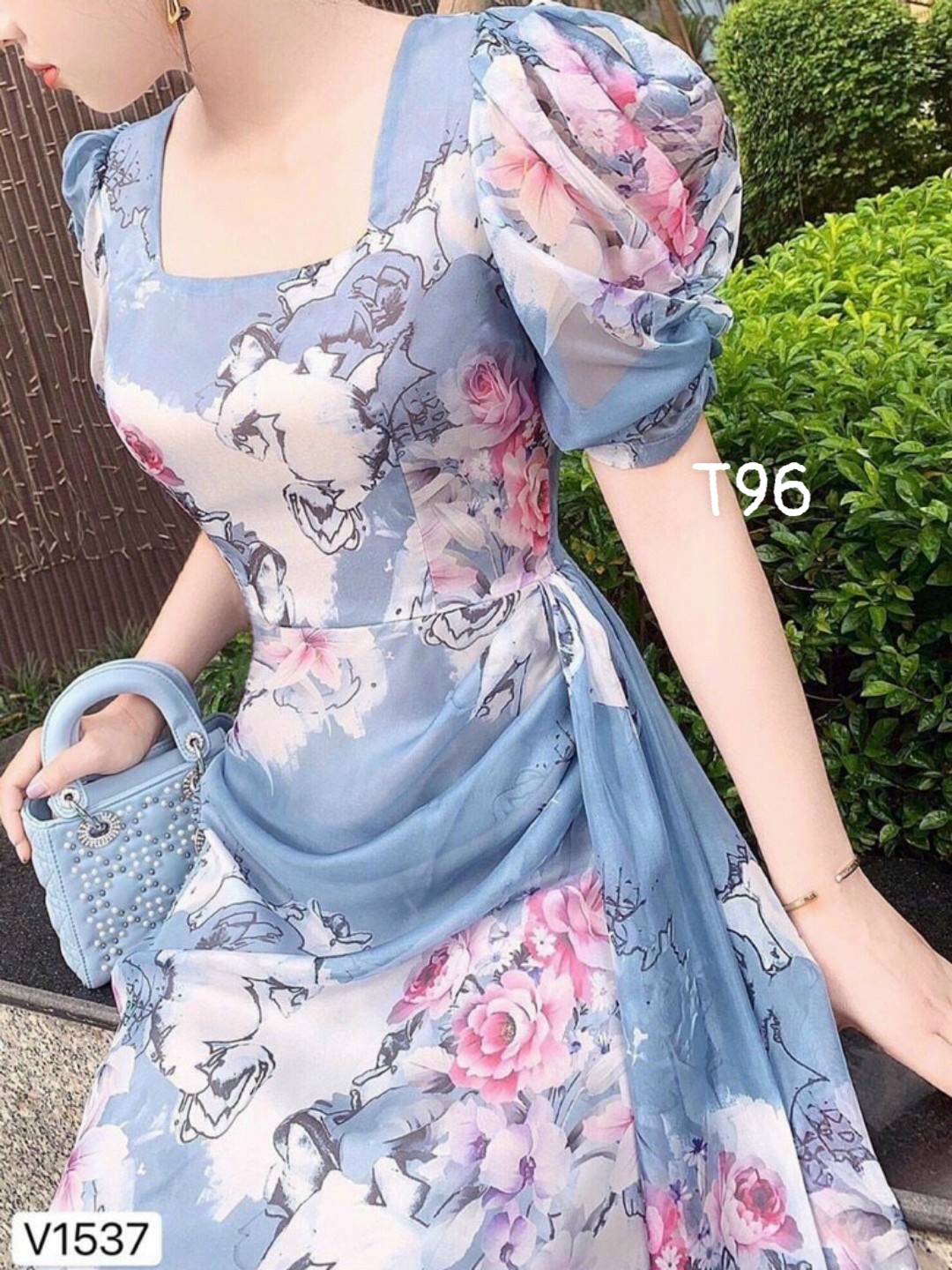 [HCM]Đầm lụa hoa dáng xoè tay phồng