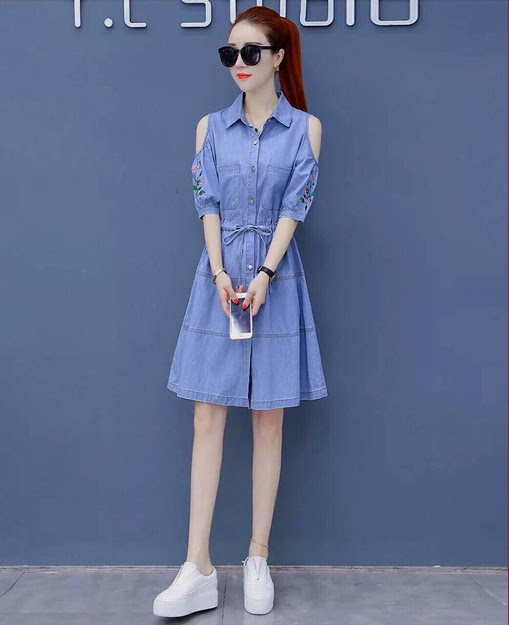 ĐẦM JEAN THÊU HOA EO RÚT
