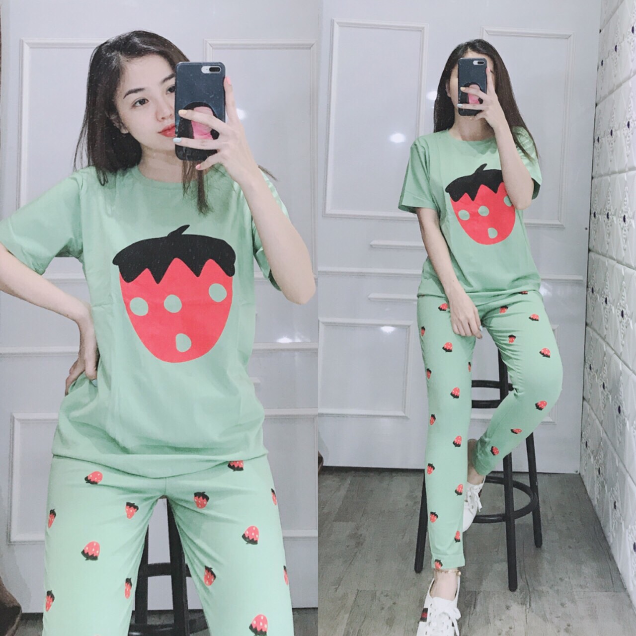 BỘ MẶC NHÀ HỌA TIẾT DÂU CUTE