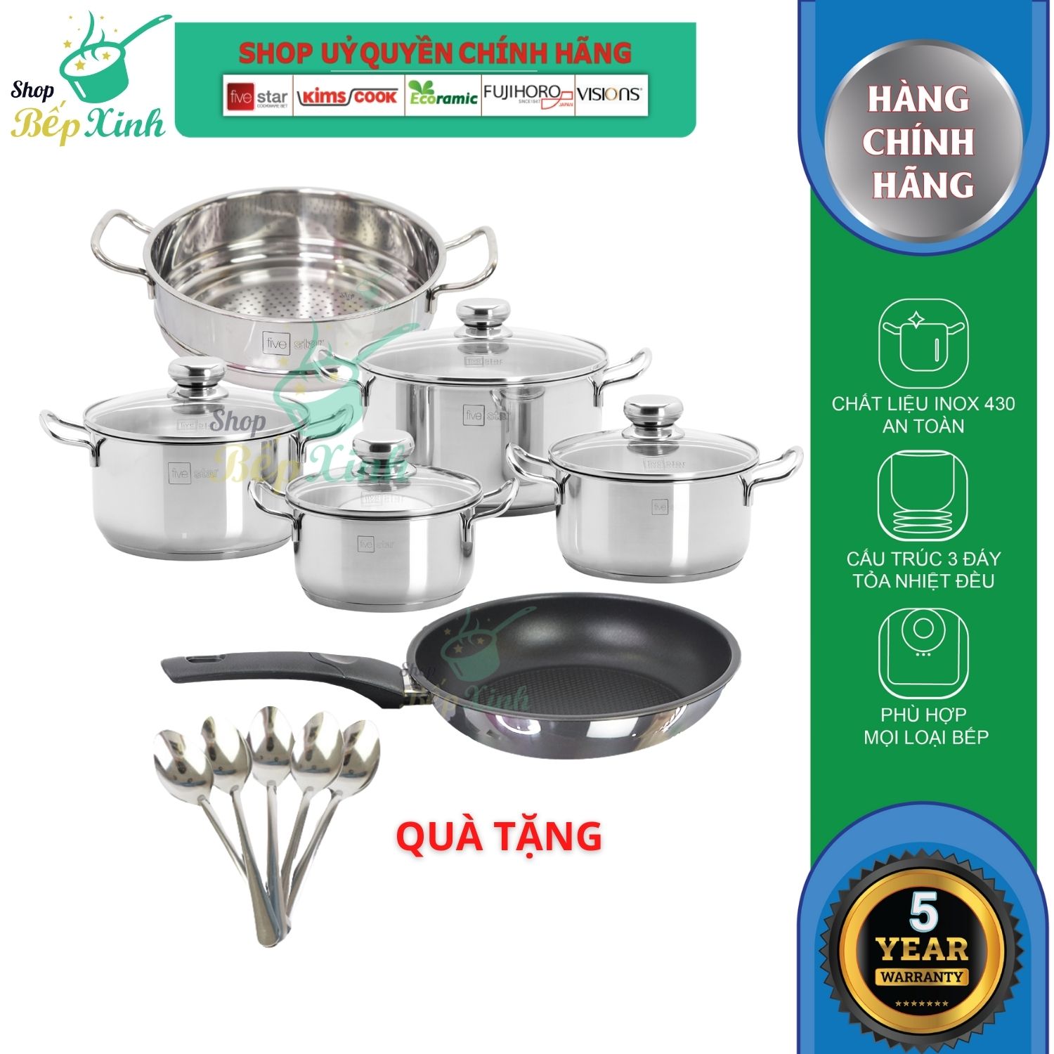 Bộ nồi chảo chống dính đáy từ inox 430 cao cấp Fivestar nắp kính, 3 đáy dùng được mọi bếp ( nồi 16cm , nồi 18cm , nồi 20cm , nồi 24cm ) , tặng 5 muỗng - Shop Bếp Xinh