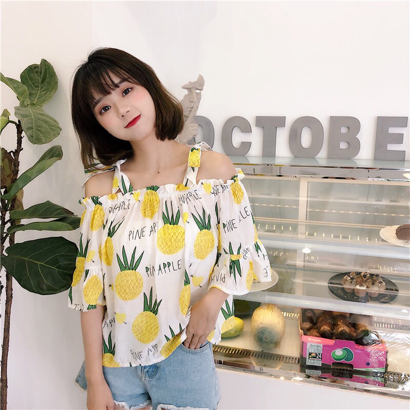 Áo Voan Kiểu Trễ Vai Thắt Nơ Tay Lỡ In Hình Trái Dứa Xinh Xắn TTSA0692