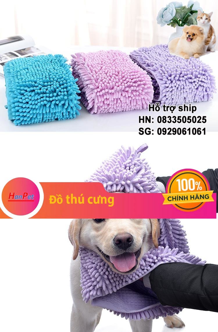 Hanpet - Chăm sóc chó mèo Khăn tắm siêu thấm hút, dạng khăn bông lau mình chó sau khi tắm