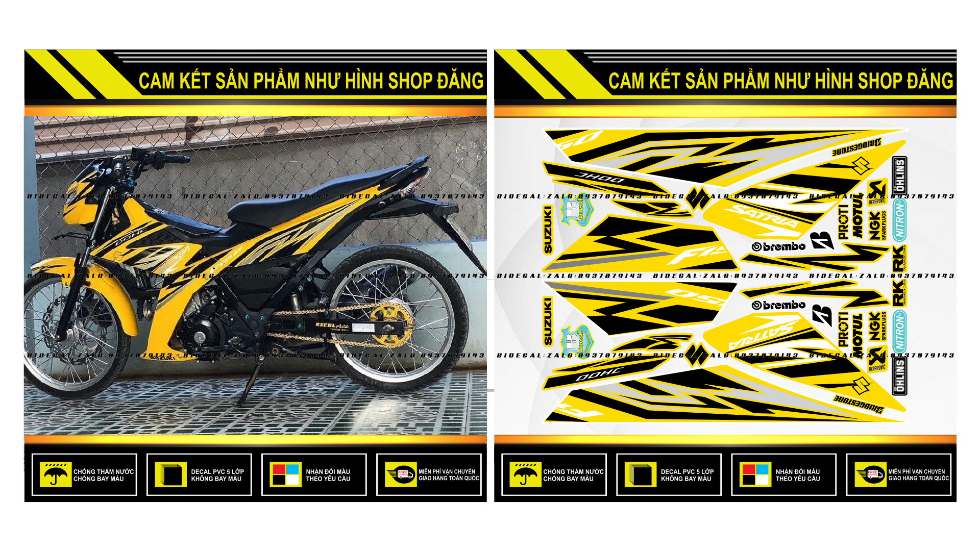 TEM RỜI SATRIA FI MẪU ĐEN XÁM DÁN XE VÀNG ( DECAL CAO CẤP - KHÁNG NƯỚC - KHÔNG BAY MÀU )