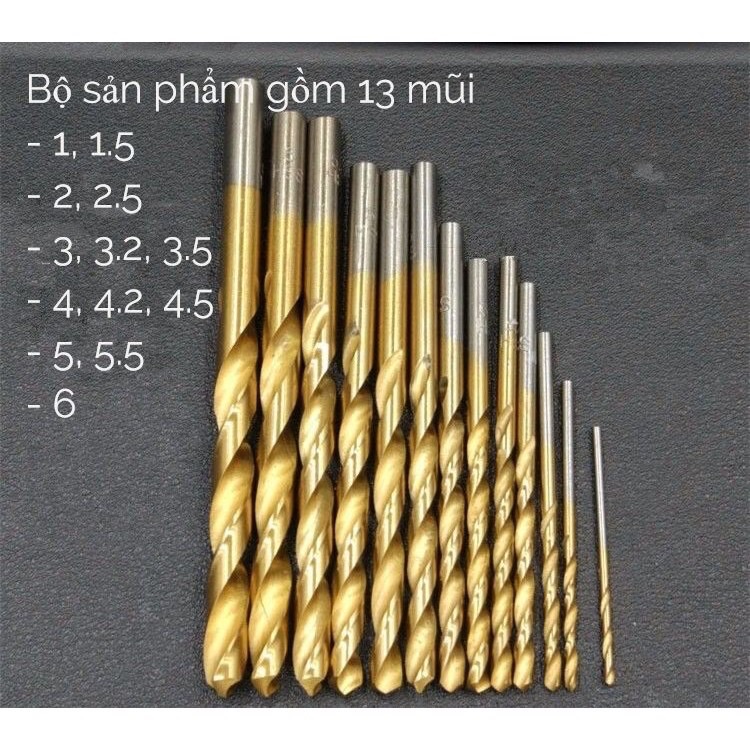 Bộ 13 mũi khoan Inox , sắt vàng công nghệ Đức 1mm - 6mm