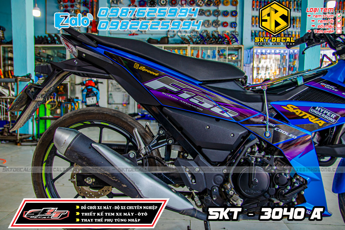tem rời xe satria xanh tím