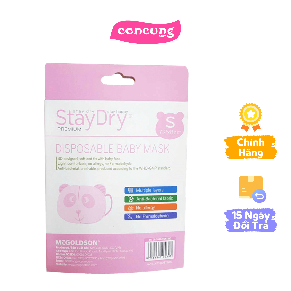 Khẩu trang trẻ em StayDry Size S - Hồng
