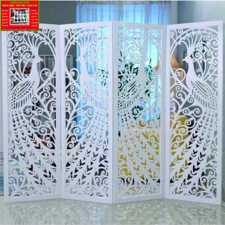 Vách ngăn  Bình phong, Chất liệu Ván HDF tấm thái lõi xanh, phủ milamin 2 mặt, có thiết kế hoa văn theo yêu cầu