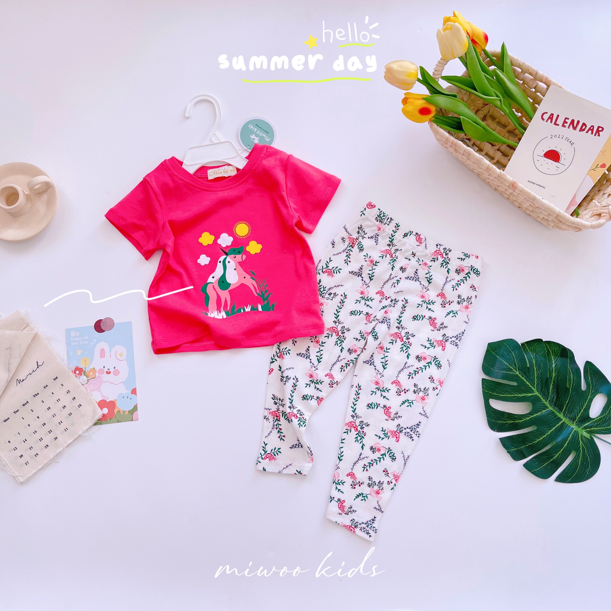 Đồ bộ tay ngắn quần dài bé gái Miwoo xuất Nhật