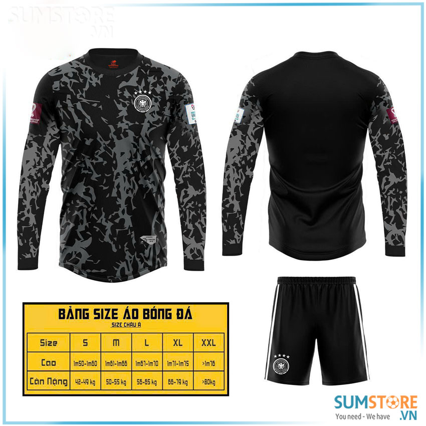 Bộ Áo Đấu Bóng Đá Đội Tuyển Đức Đen Mè Họa Tiết Dài Tay - Bộ Đồ Thể Thao Cao Cấp 2024