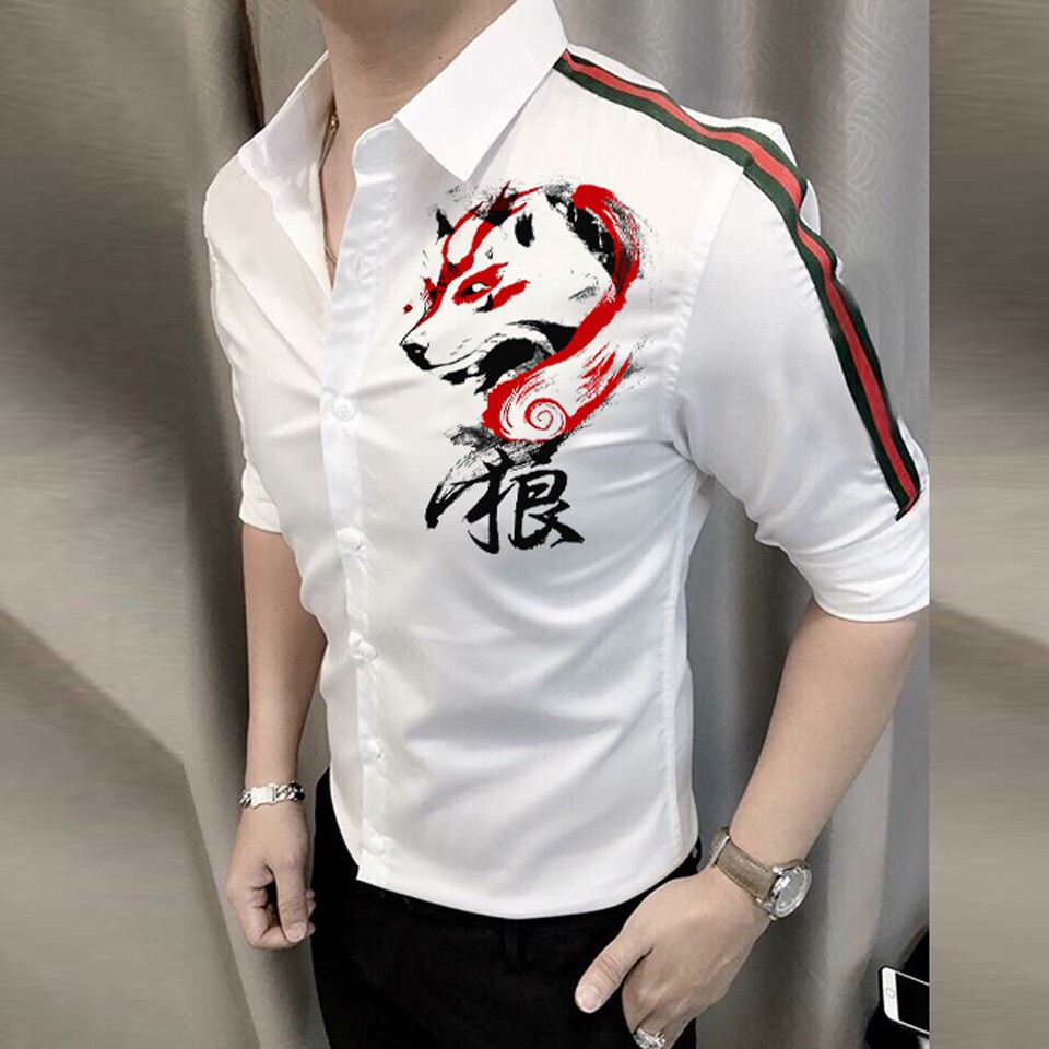 Áo sơ mi sơ mi nam tay dài chất đẹp họa tiết sói thư pháp cao cấp hàng shop a57