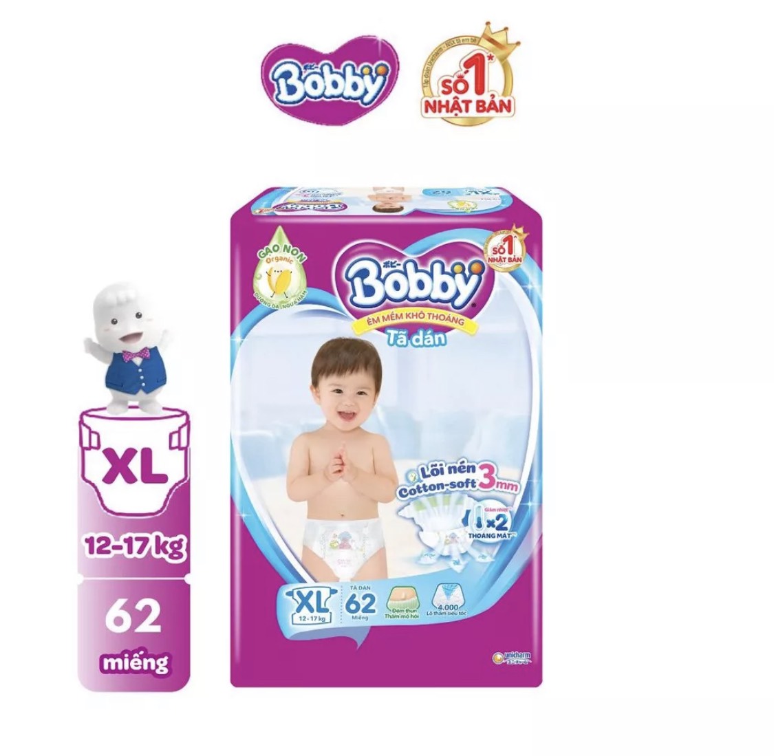 ( Cộng 6 miếng ) Bỉm Bobby dán size M76,L68,Xl62, Xxl56 mới .
