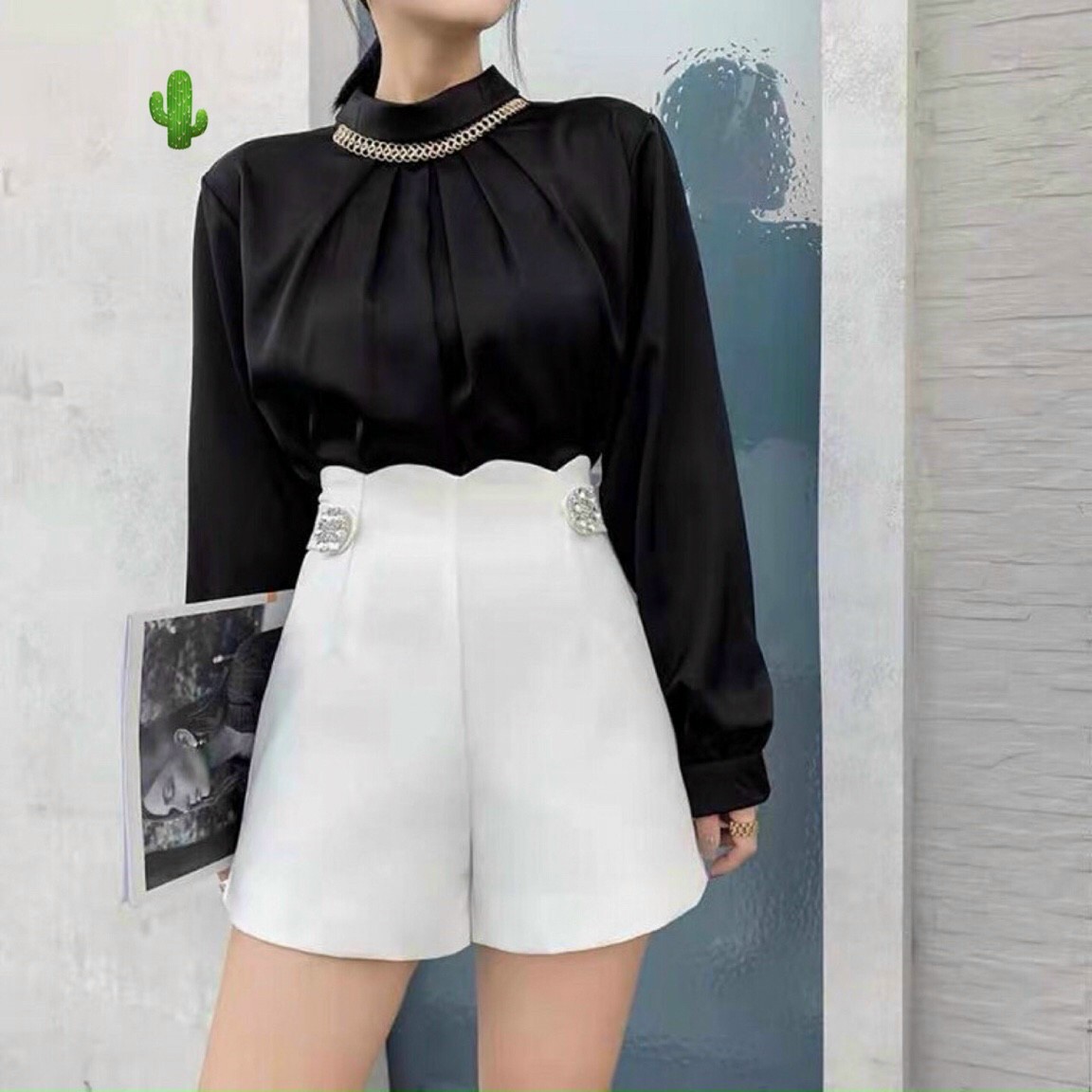 Quần short nữ quần short lưng cao quần short khuy lưng vải tuyết mưa đẹp