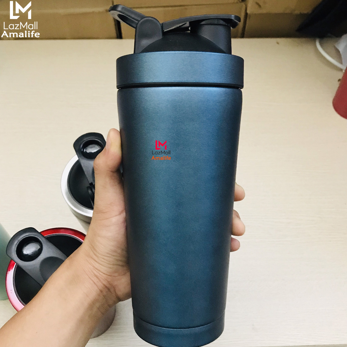 Bình Lắc Shaker Inox Màu Xanh Ngọc – Bình Lắc Tập Gym Chính Hãng Amalife – Kèm Bóng Lò Xo Lắc