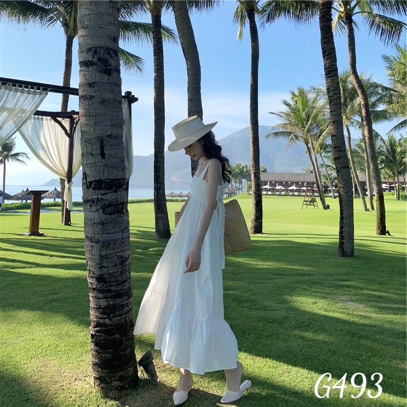 Đầm xoè nữ maxi đi biển kiểu nơ lưng voan lụa G493