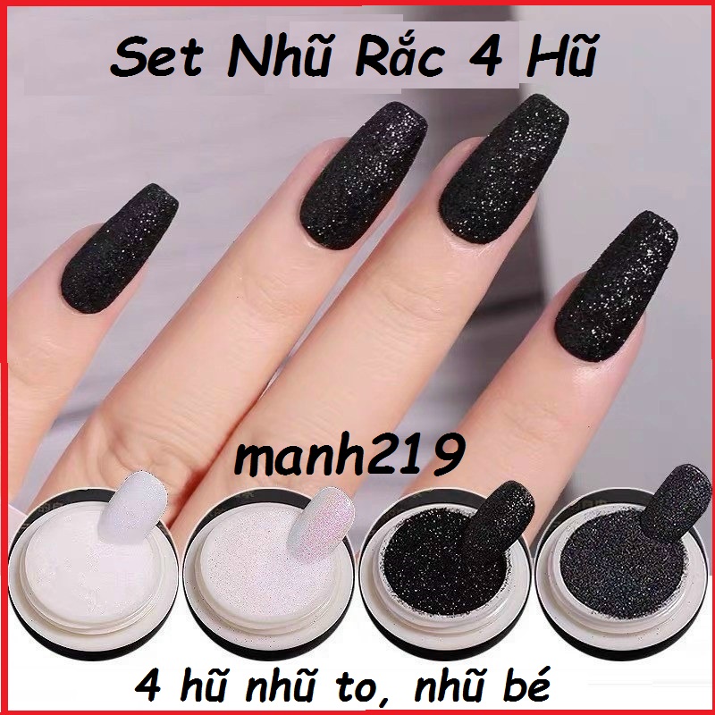 Set nhũ rắc đen trắng 4 hũ nhũ mịn nhũ trang trí móng Nail sinailmi