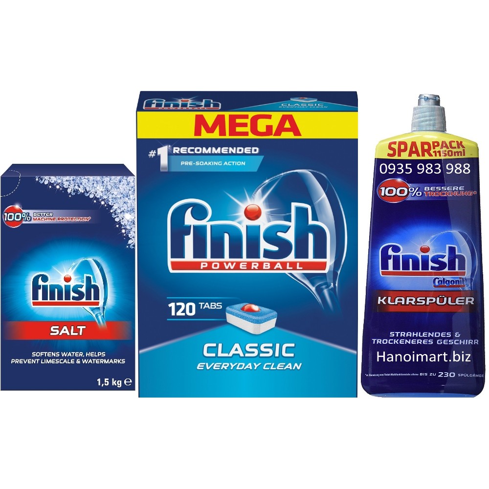 Bộ 3SP Viên Finish 120V + Muối Finish 1.5kg + 800ml Nước làm bóng dùng cho máy rửa bát chén