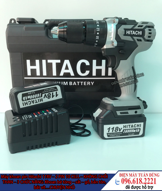 Máy Khoan Pin Hitachi 118v, 2 pin 10cell, 100% dây đồng, không chổi than, 3 chức năng
