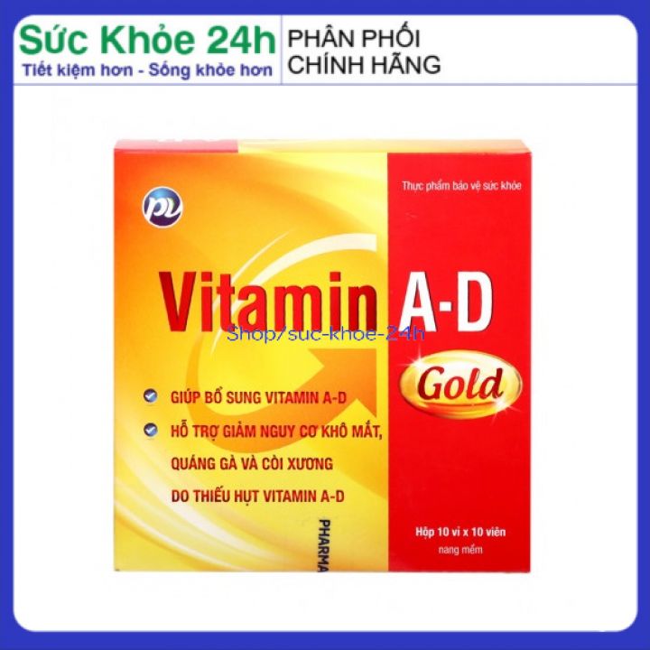 Vitamin A D Gold hỗ trợ giảm nguy cơ khô mắt, quáng gà và còi xương, trẻ em chậm lớn , người cao tuổi loãng xương hộp 100 viên