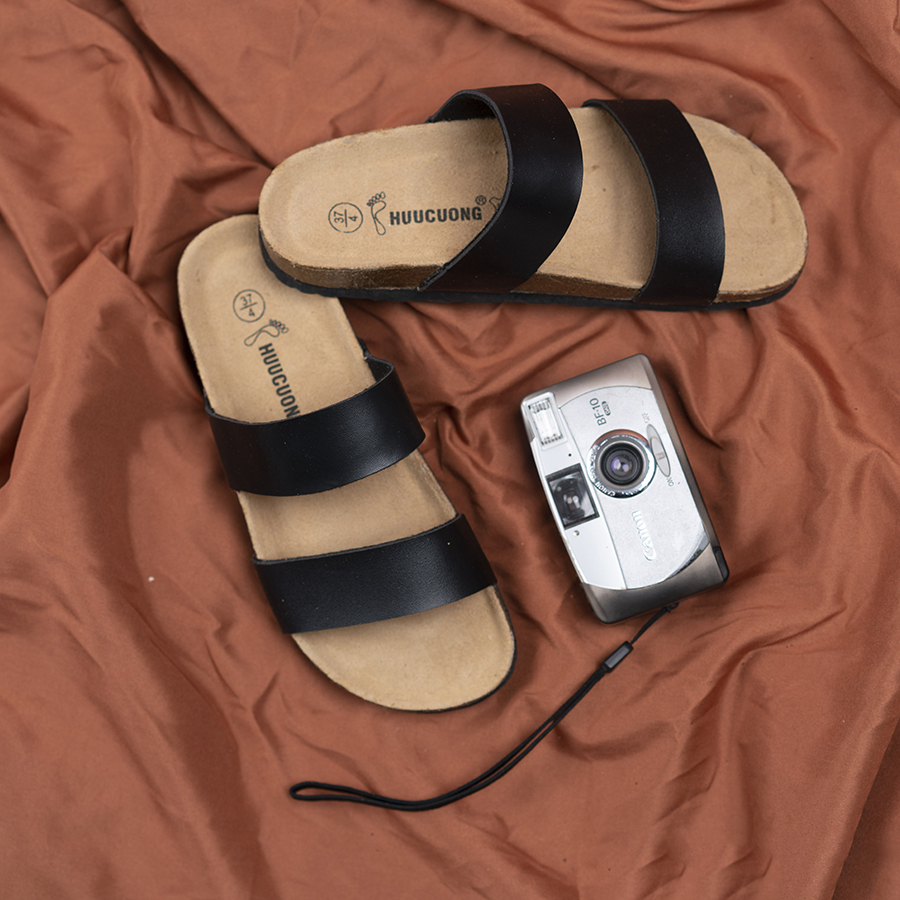 Dép đế trấu unisex 2 quai da pu đen