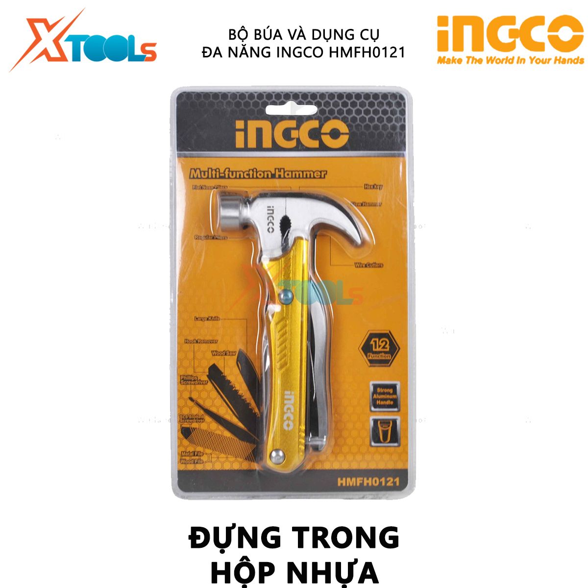 Búa đa năng INGCO HMFH0121 | búa mini đa năng 12 chức năng gồm Búa kẹp Kìm mũi dẹt Kìm thường Kìm cắt dây Dao lớn Cưa gỗ XTOOLs