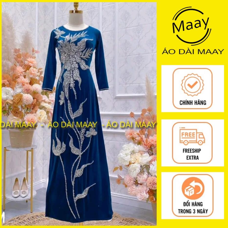 Áo dài trung niên tặng mẹ tặng bà đính kết pha lê phối ngọc cổ tròn tay lỡ
