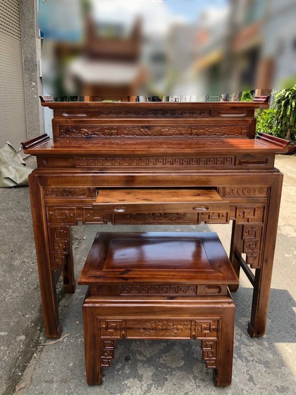 Bộ án gian 2 tầng, bộ án gian thờ đẹp hiện đại, bộ thờ gỗ tràm , bàn thờ gia tiên gỗ ,bàn thờ bàn cúng gỗ 2 tầng