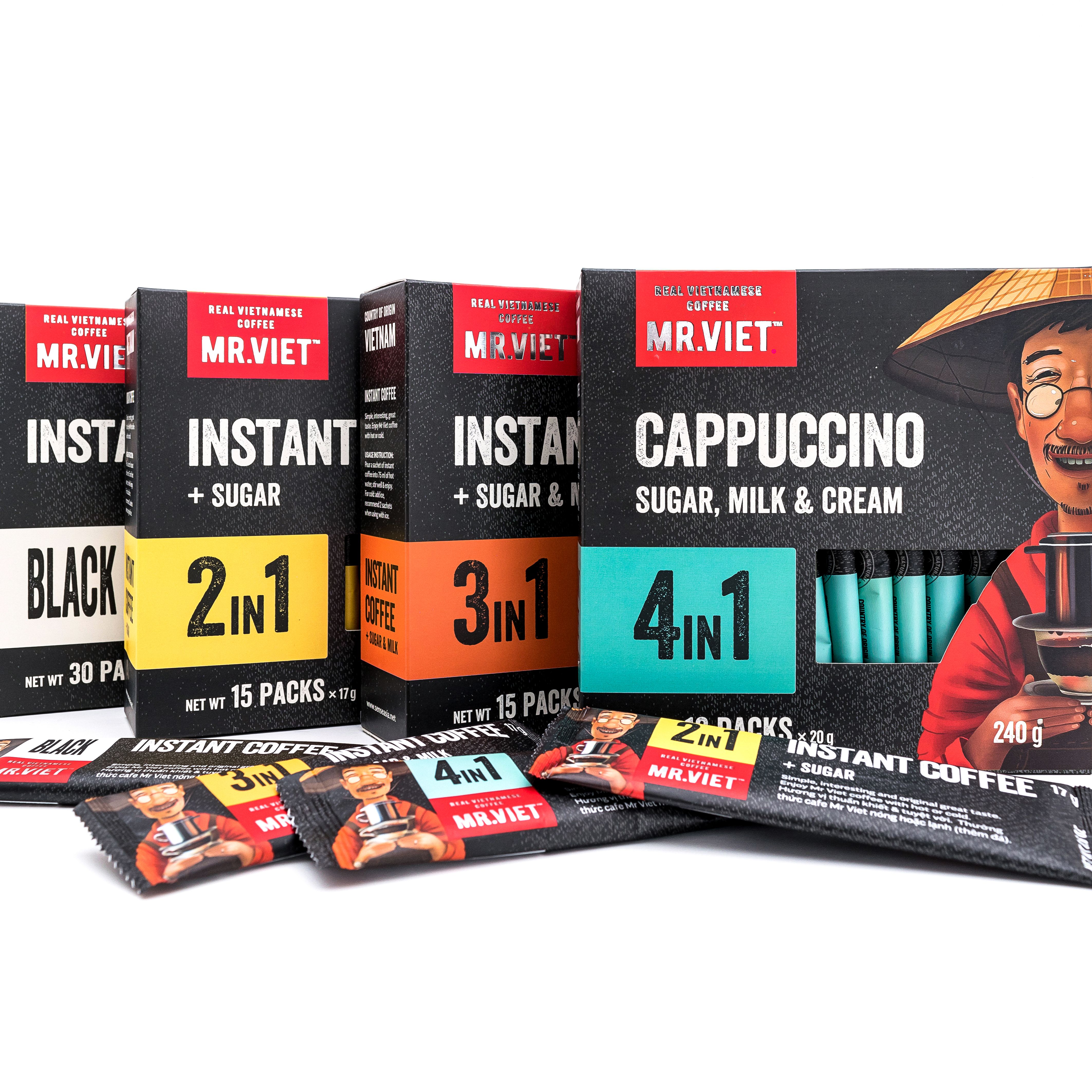 Combo 4 hộp cà phê hòa tan  .( Instant coffee black,2in1,3in1,4in1) thương hiệu MR.VIET