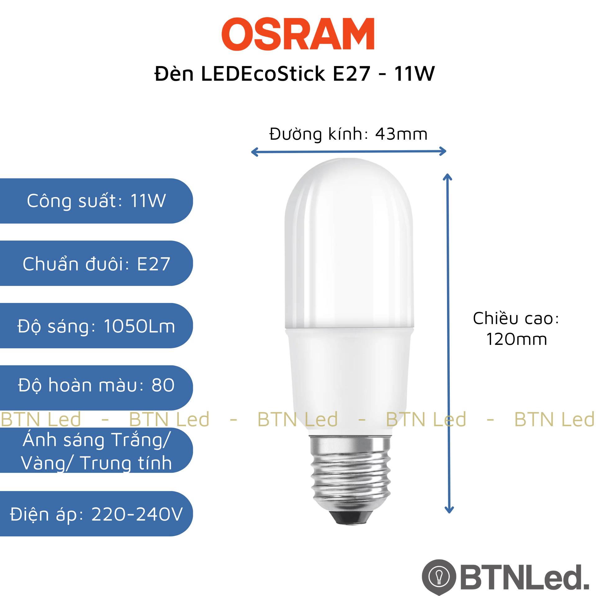 Đèn LED stick Osram E27 (9W / 11W) - Hàng chính hãng, bảo hành 24 tháng