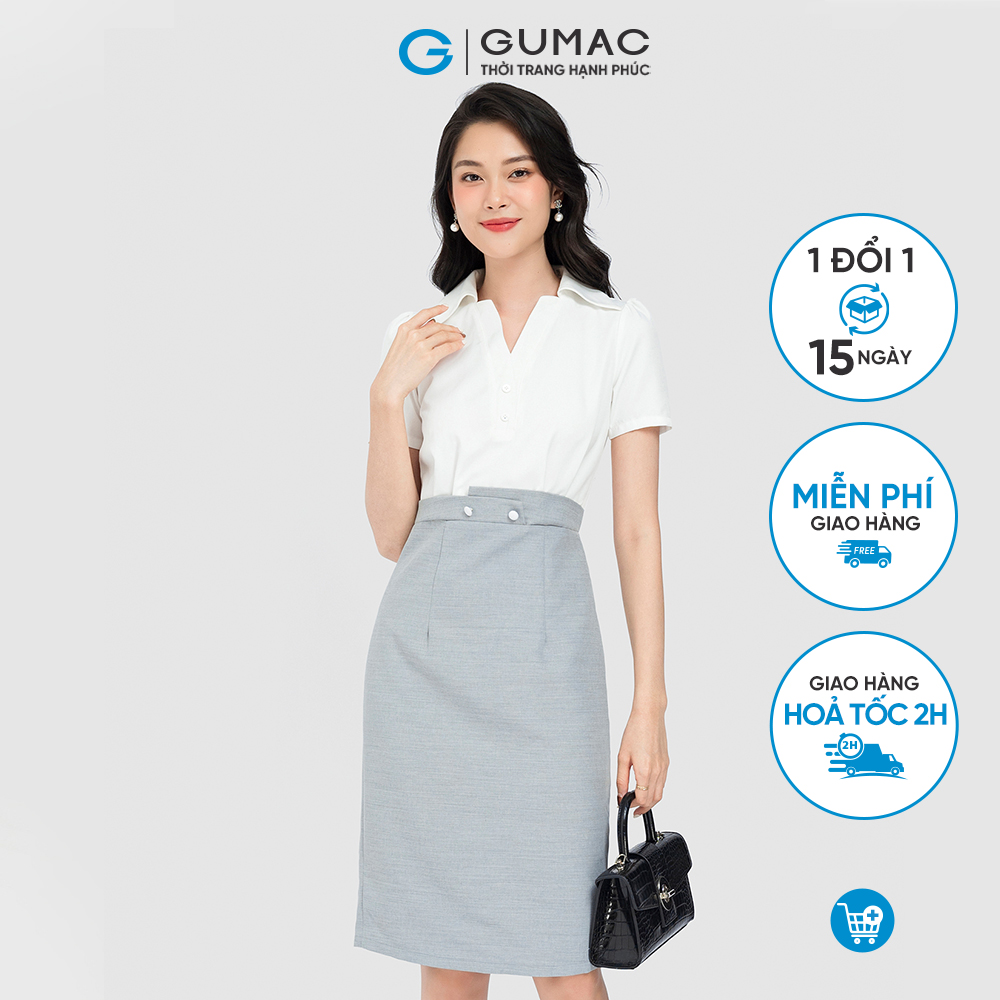 Đầm dáng A công sở GUMAC DD08025 cổ sơ mi, eo kiểu đính nút