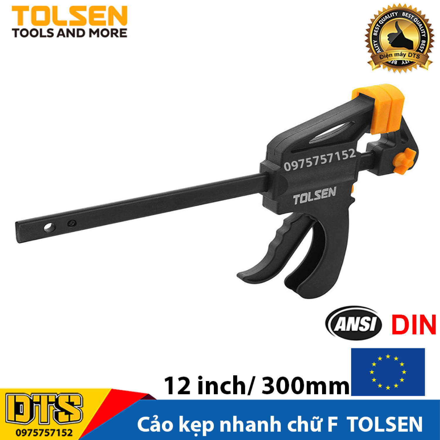 Cảo kẹp gỗ nhanh công nghiệp độ mở 12 inch/ 300mm chính hãng TOLSEN 10204, cảo kẹp nhanh tiêu chuẩn Châu Âu, cảo kẹp gỗ chữ F, vam gỗ kẹp nhanh chữ F chuyên kẹp gỗ ngành mộc, eto bóp tay thanh trượt kim loại siêu bền