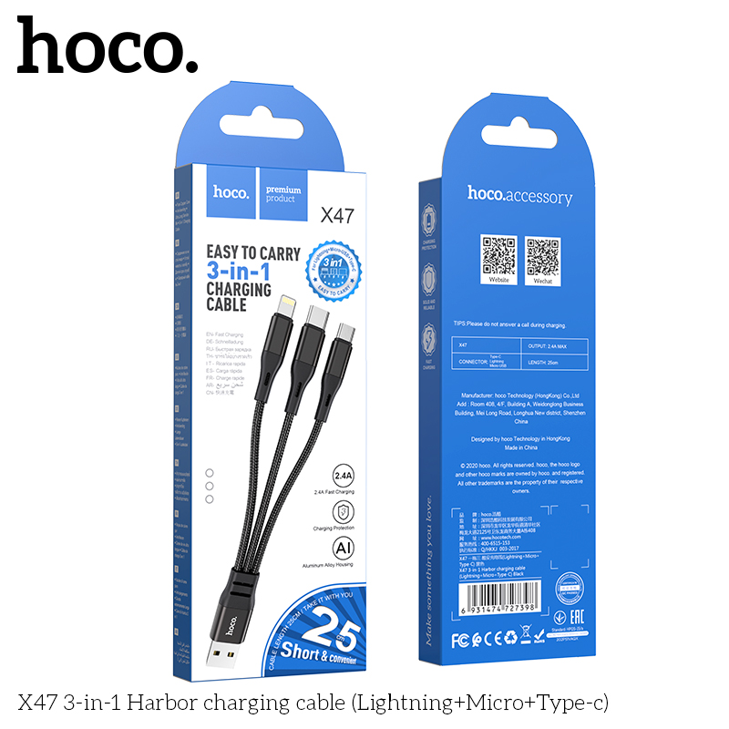  HoCo X47 3-pin type-C, micro-USB, lightning fast charging cable