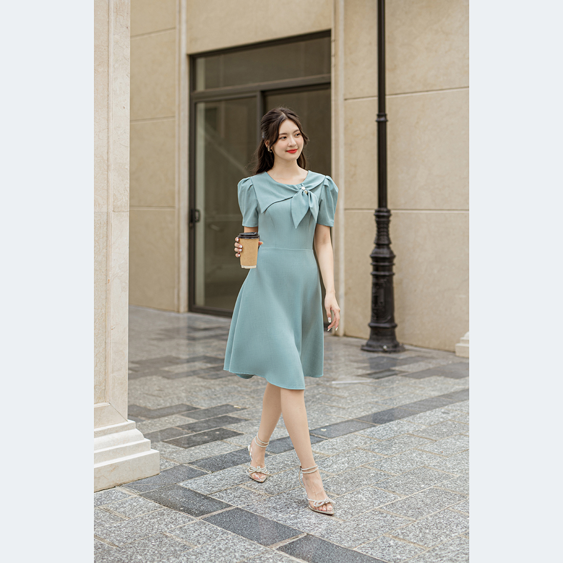 Đầm công sở dáng chữ a thời trang Eden cổ nơ - D505