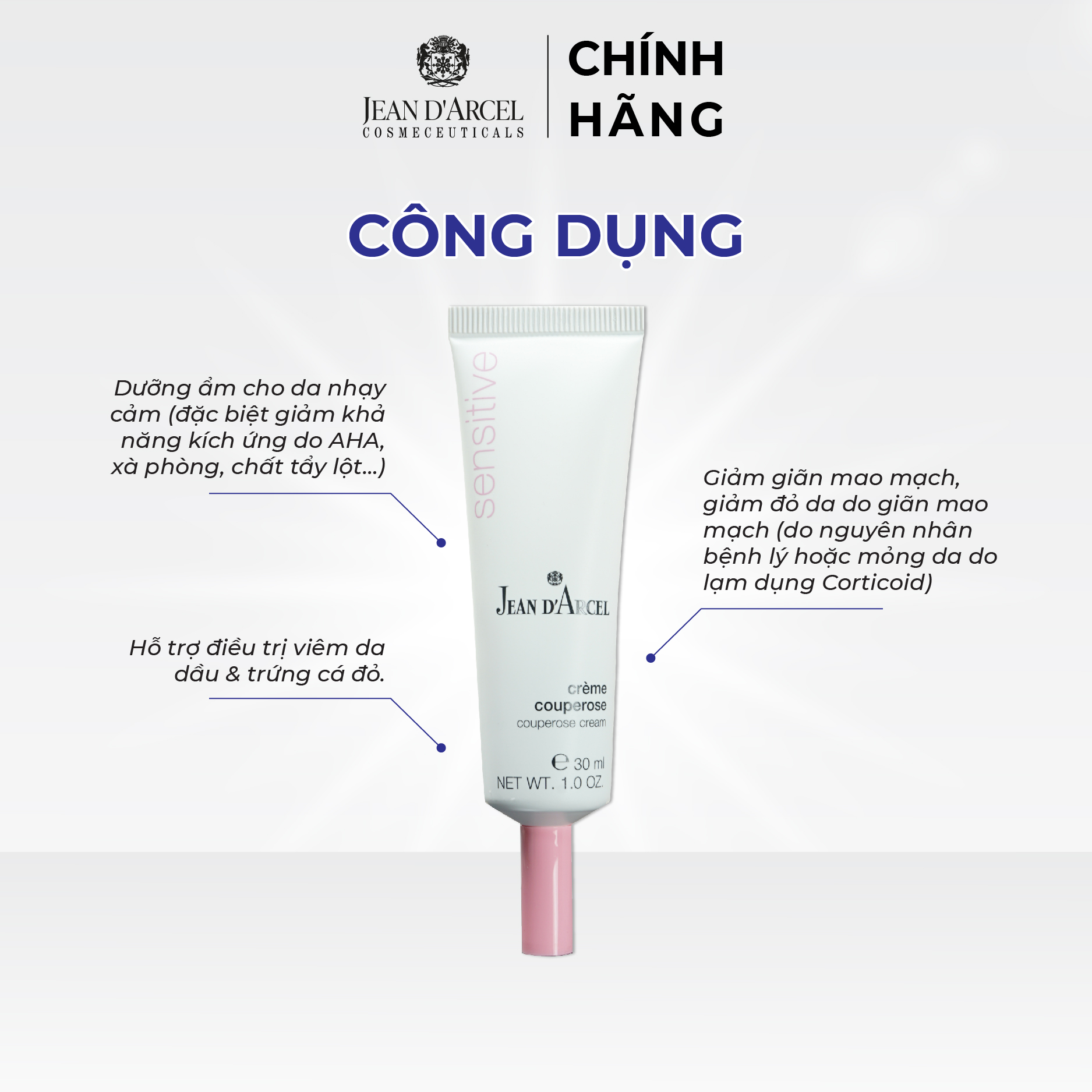 J118 Kem dưỡng cho da nhạy cảm, giảm đỏ da và giảm giãn tĩnh mạch Sensitive - Couperose Cream 30ml - Jean d'Arcel