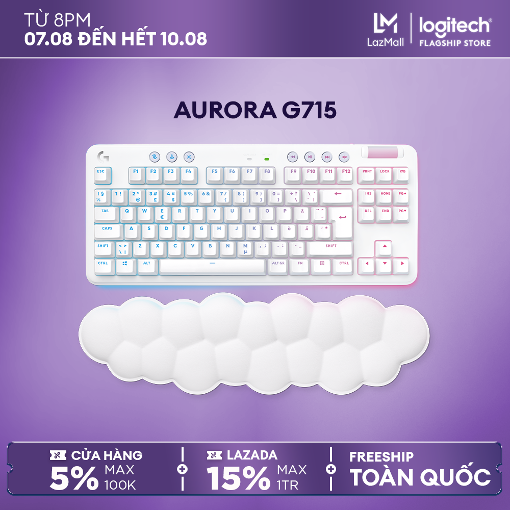 Bàn phím cơ gaming Logitech G715 TKL Aurora - Bluetooth & Lightspeed, RGB, 2 switch, PC, Mac, Laptop