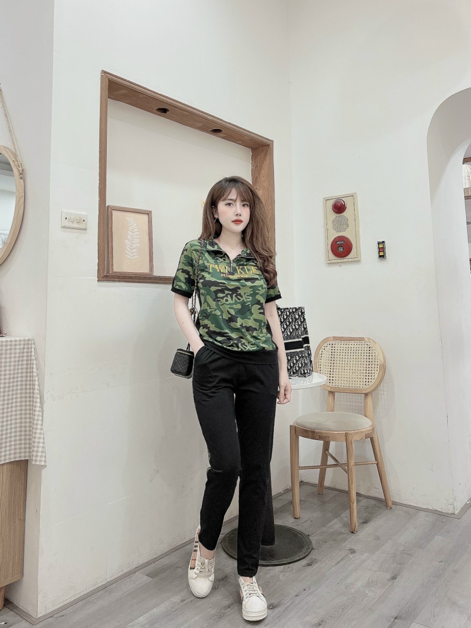 Đồ bộ thun lính cổ trụ khóa kéo