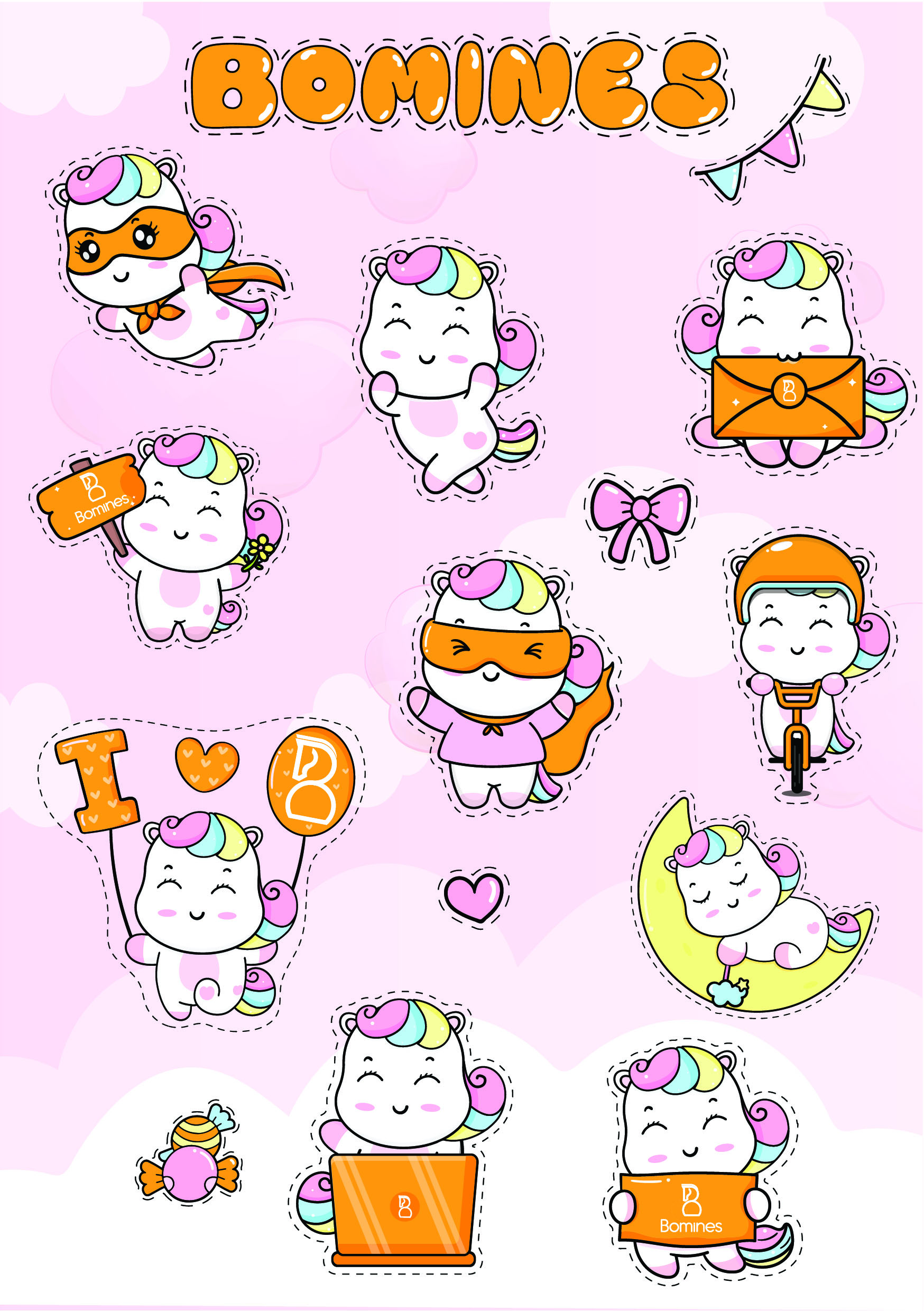 Sticker hình dán unicorn bomines miếng dán dễ thương cao cấp an toàn cho bé sticker