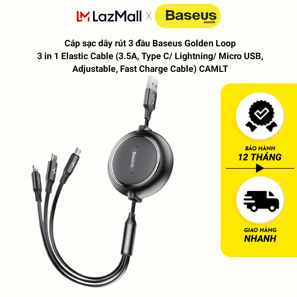 Cáp sạc dây rút 3 đầu Baseus Golden Loop 3 in 1 Elastic Cable CAMLT