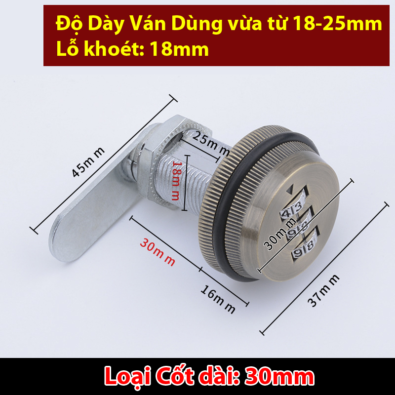 Khóa số Ngăn kéo bàn, Cửa tủ, Hòm thư - Hợp kim mạ Đồng