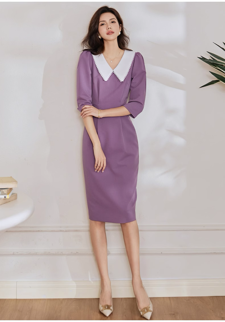 Đầm suông xếp eo cổ sơ mi trắng phối ren tay lửng