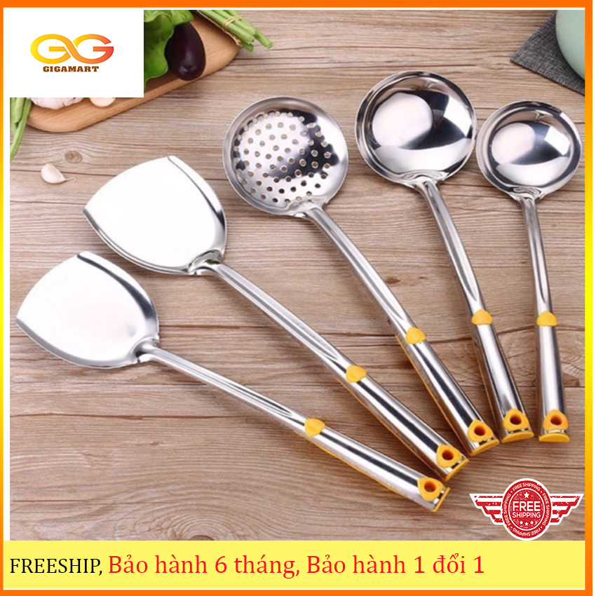 Bộ Muôi Inox Cao Cấp Cán Vàng ( Muôi Thủng, vợt - Muôi Canh,vá - Xẻng Xào)- nhiều kích cỡ- Gigamart