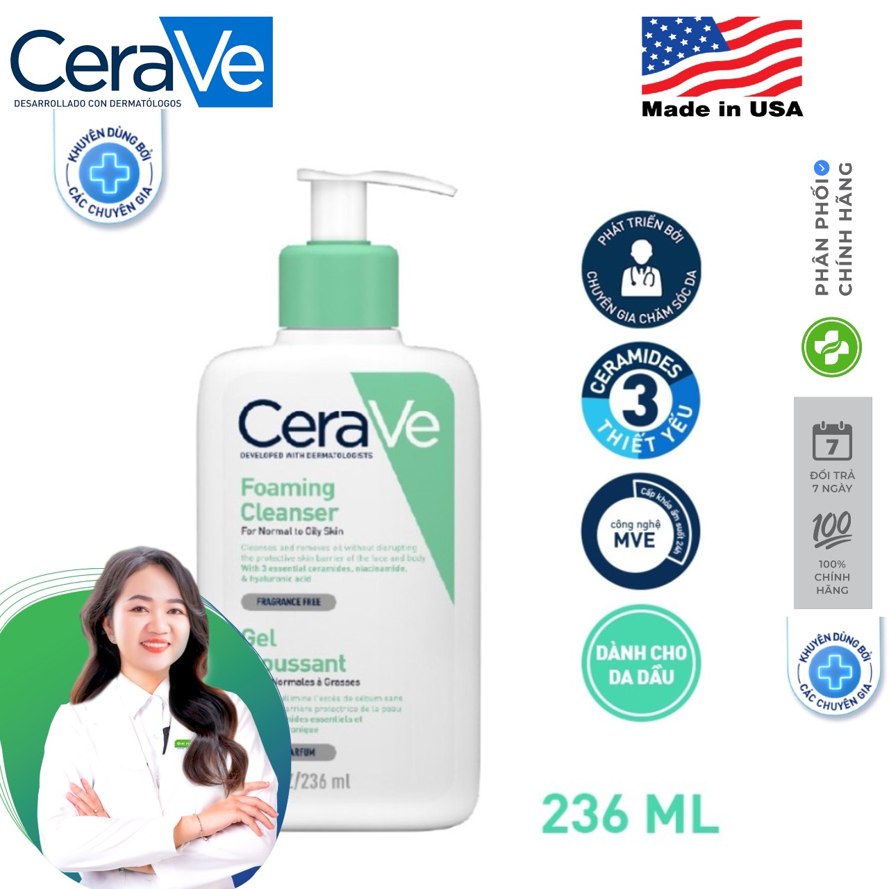Sữa rửa mặt CeraVe dành cho da thường và da dầu CeraVe Foaming Facial Cleanser 473ml, 263ml, 88ml