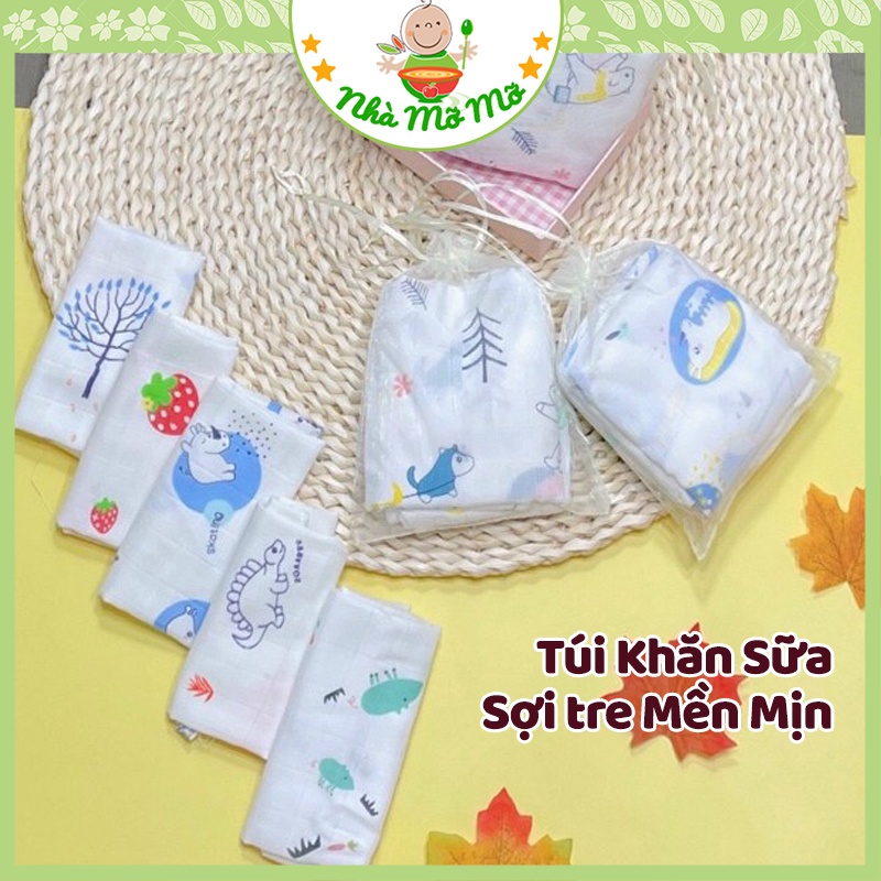 Khăn sữa sợi tre Túi lưới 10 khăn sợi tre cho bé - Nhà Mỡ