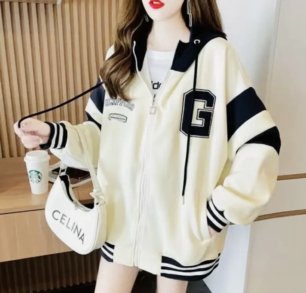 Áo khoác hoodie zip chất nỉ ngoại thêu chữ G , Phối Tay Sọc Nón Trùm Đầu - Áo hoodie zip unisex nam nữ from rộng chất nỉ 2 lớp cực xinh U37