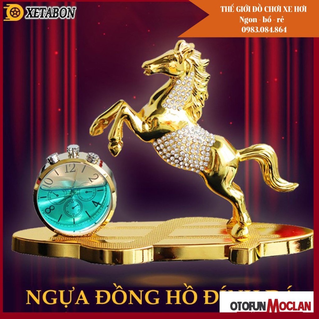 Tượng ngựa mạ vàng đính đá kèm đồng hồ sang trọng tặng tinh dầu thơm - otofunmoclan