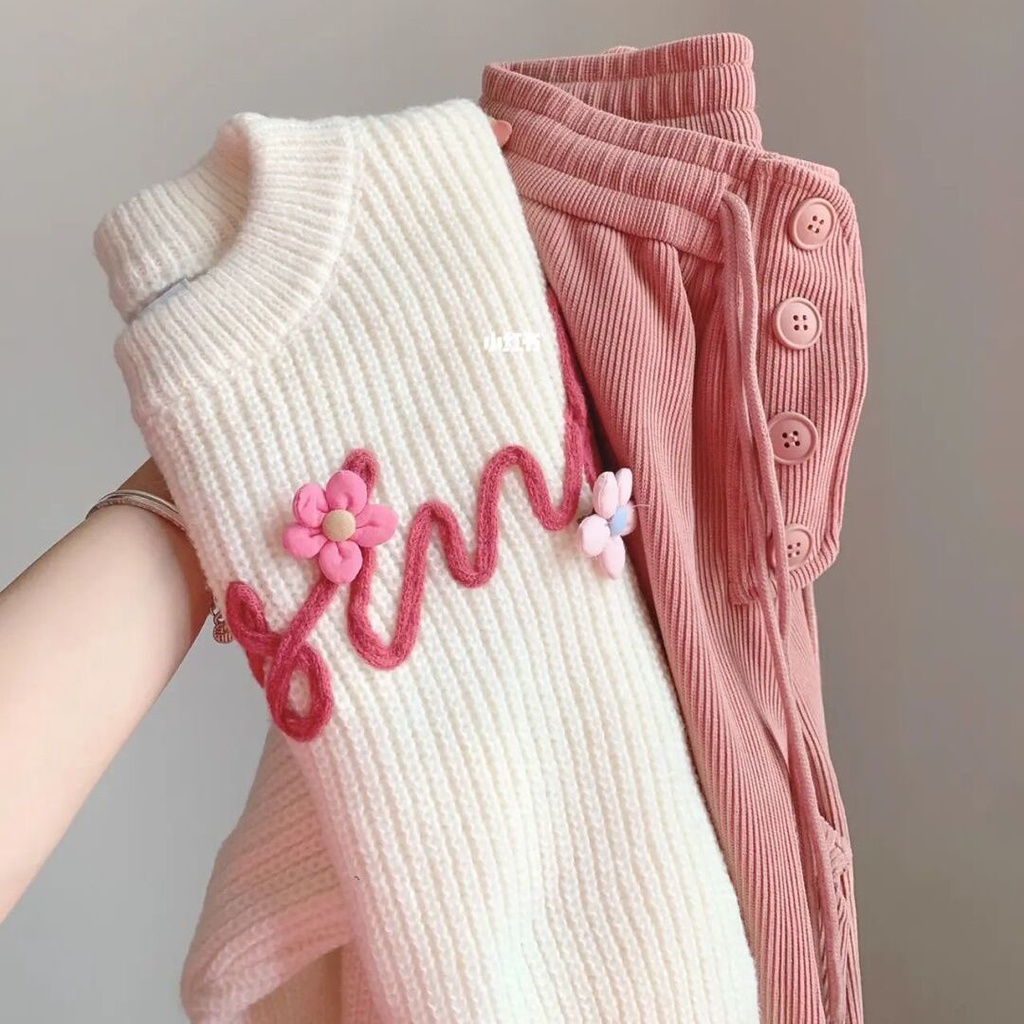 ۩Bộ Áo dệt kim hoa màu trắng quần dài tay mùa thu đông cho nữ Bộ áo len hai mảnh thời trang
