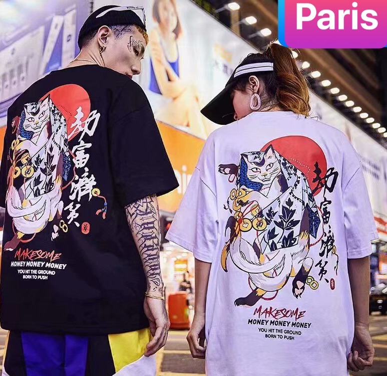 ÁO THUN NAM NỮMÈO GEISHA PHOM FORM RỘNG TAY LỠ HOT TREND HÀN QUỐC SÀNH ĐIỆU MẠNH MẼ VẢI DÀY MIN - PARIS FASHION MỚI