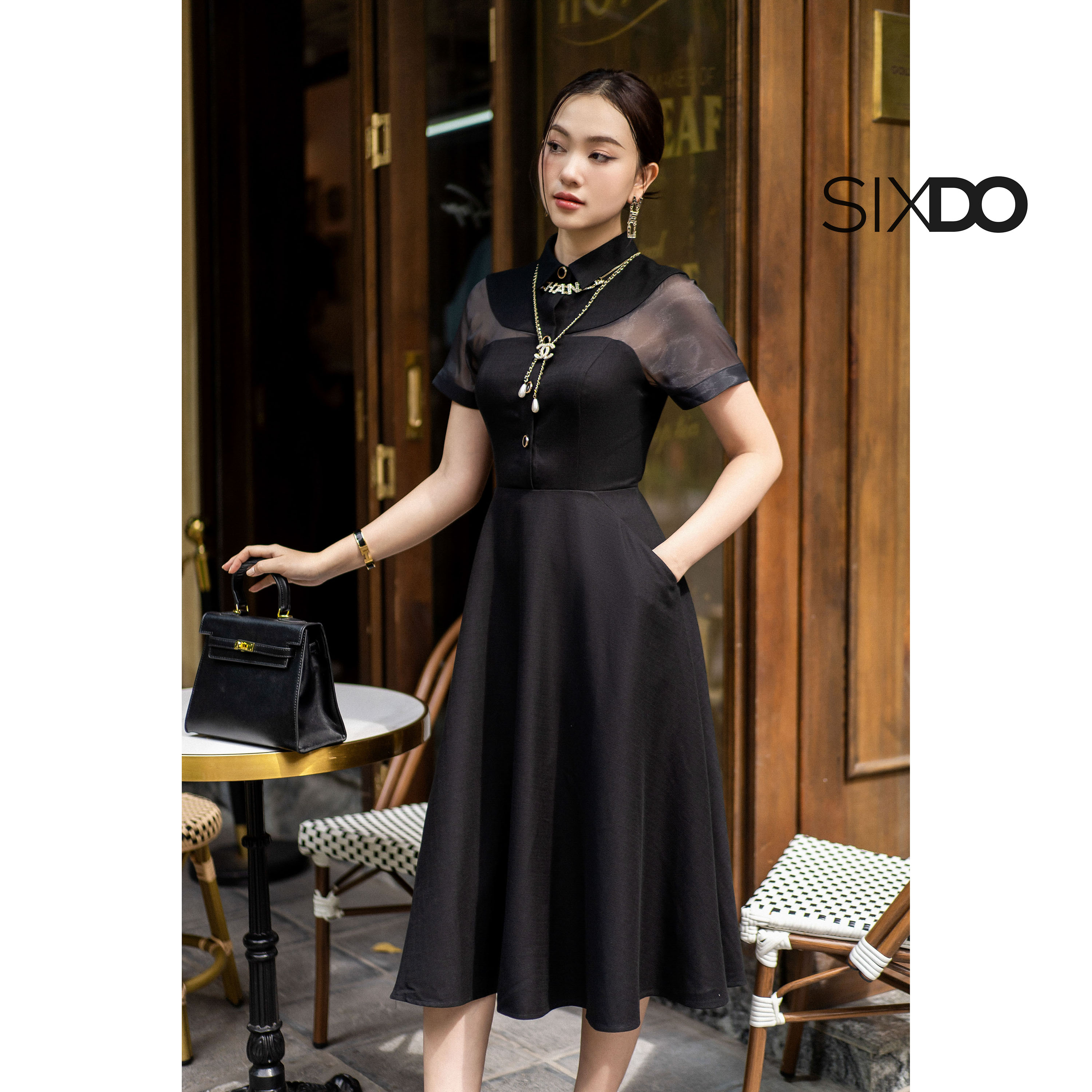 Đầm đen dáng xòe cổ sơ mi sixdo