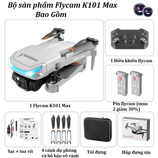 Flycam K101 MAX Drone 2 camera 4K trang bị cảm biến chống va chạm có định vị GPS ✔ Flycam mini giá rẻ cao cấp - Fly cam giá rẻ - Ply cam - Playcam - Máy bay flycam - Play camera HD quay phim chụp ảnh trên không