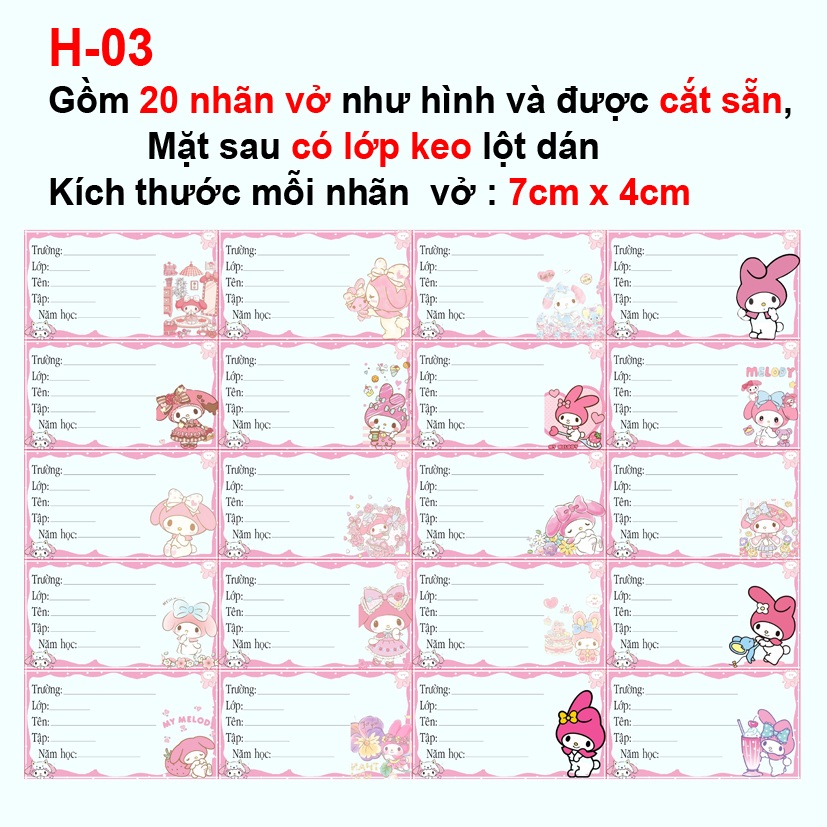 Nhãn vở My Melody - Nhãn dán My melody (1 set 20 nhãn vở khác nhau)